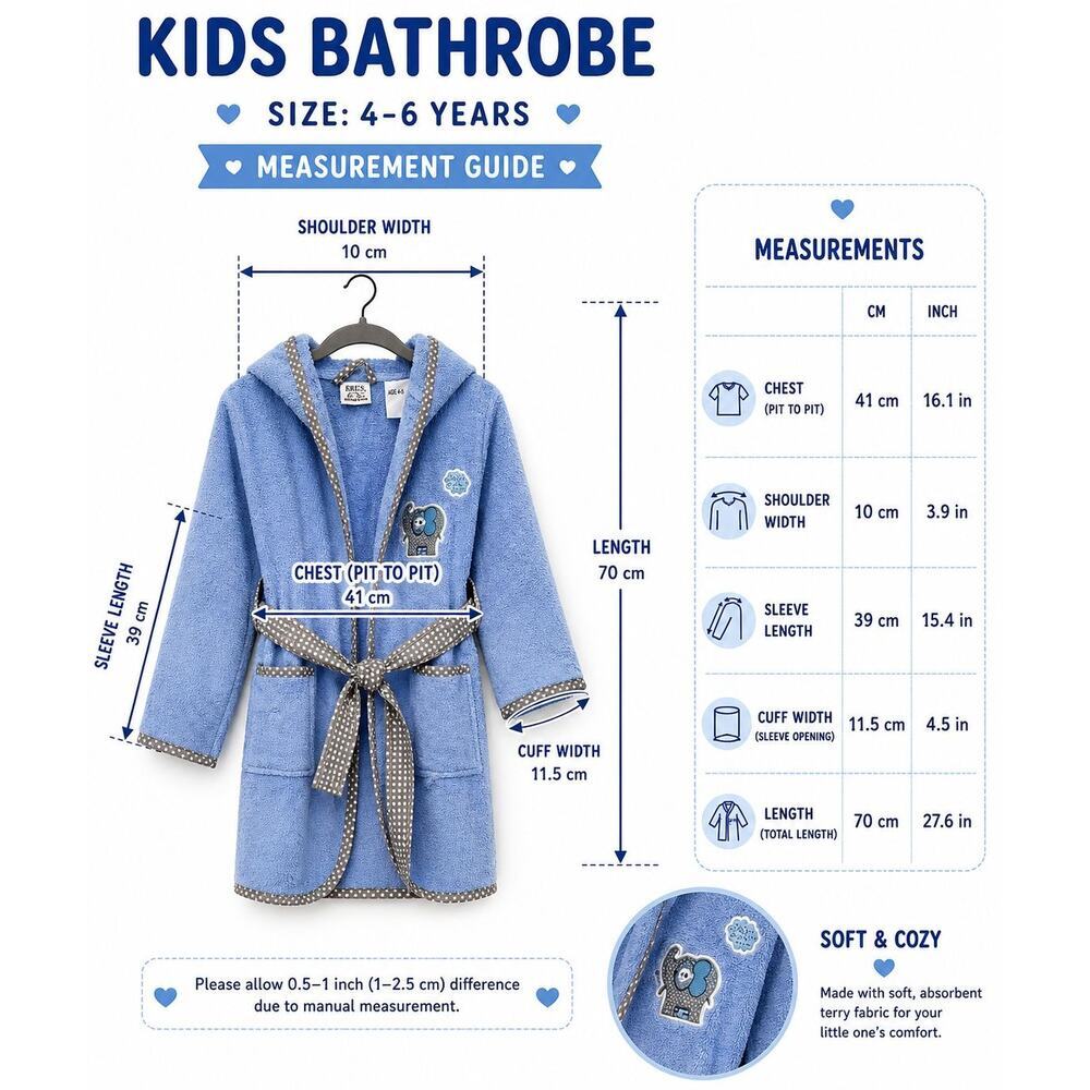 Kids Blue Bathrobe 100% Cotton Hooded Elephant Soft Robe 4-6Y - Picture 3 of 9